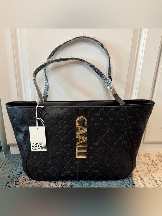 Cavalli Class Handbags - Cavalli Class Sandra Shopper Tote Black Deboss Gold Logo NWT